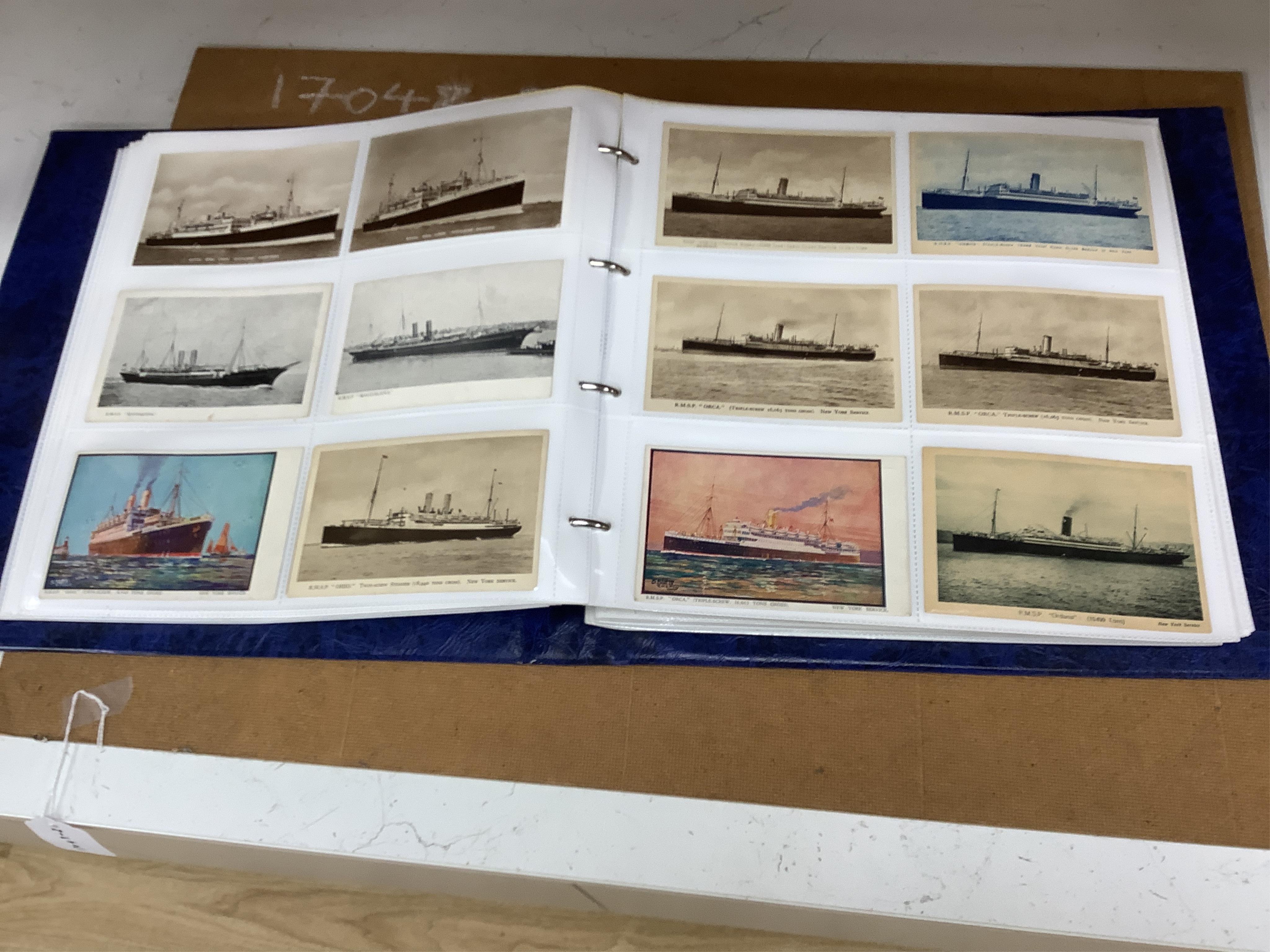 A box and two folders of postcards and a few cigarette cards, mainly relating to the Royal Mail Steam Packet Company and Royal Mail Lines Ltd., including a good quantity of 1930s and later postcards of cruise ships, many